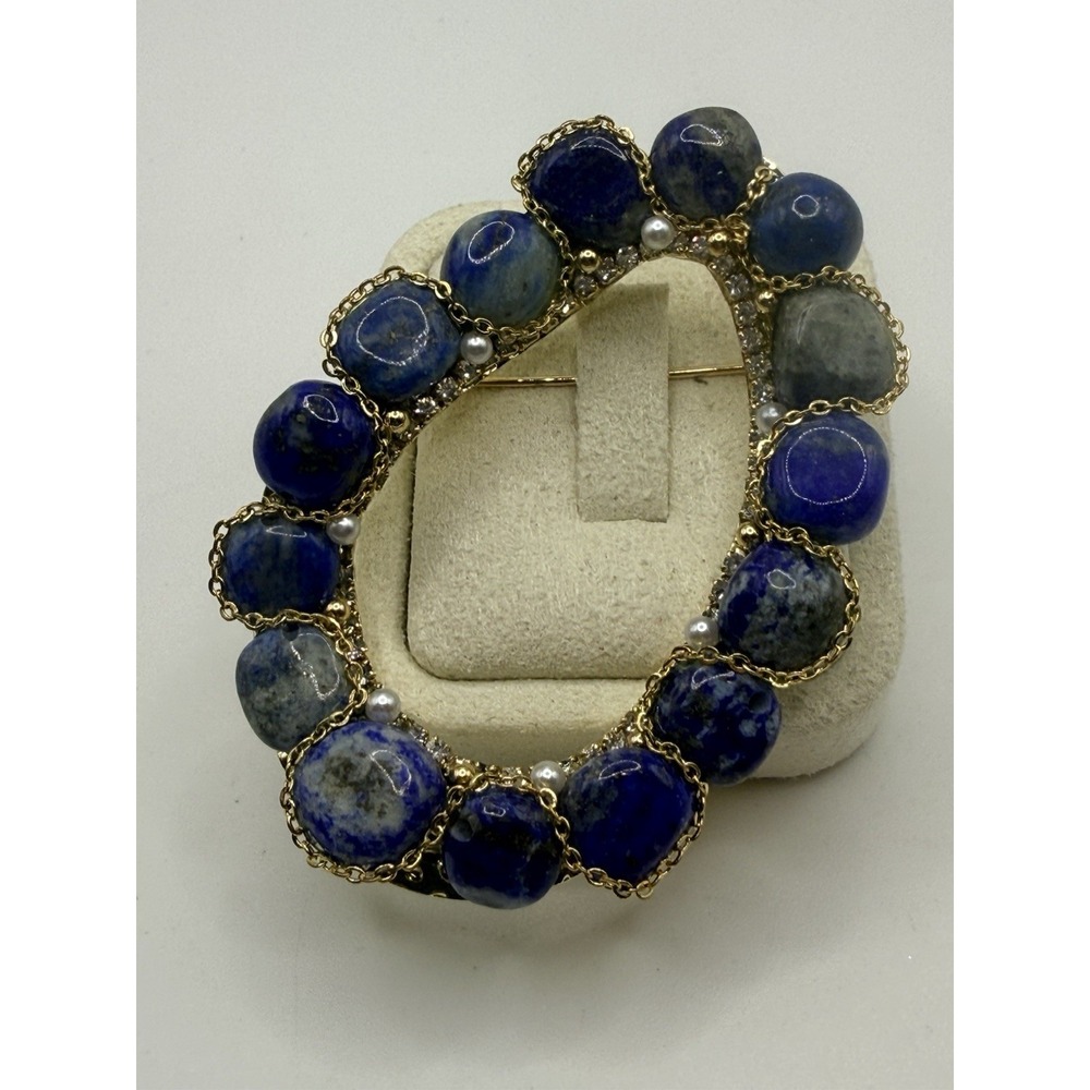 Artisan Lapis Lazuli Brooch Gold Tone Asymmetrical Wreath with Gift Storage Box